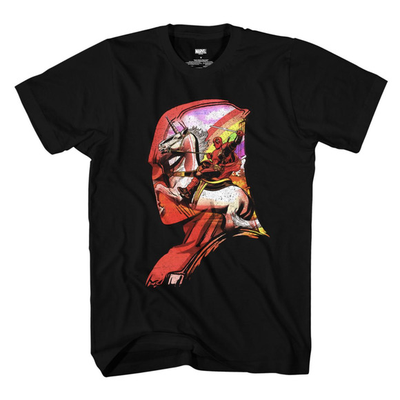 New Marvel Deadpool Black Men's T-Shirt Riding Unicorn LOOK Inside HEAD Unisex - Picture 1 of 12